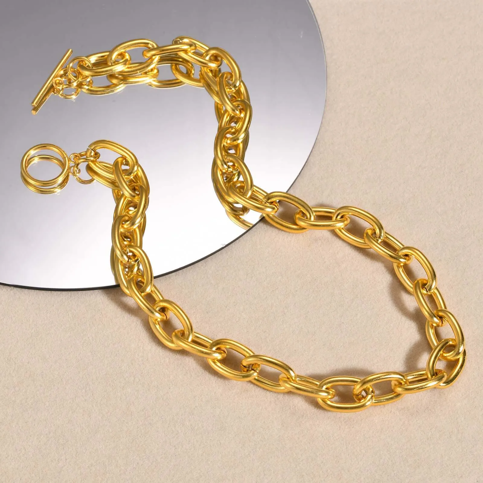 18K Gold Plated No-tarnish Medical Grade Titanium Metallic Style Chain Necklace & Bracelet