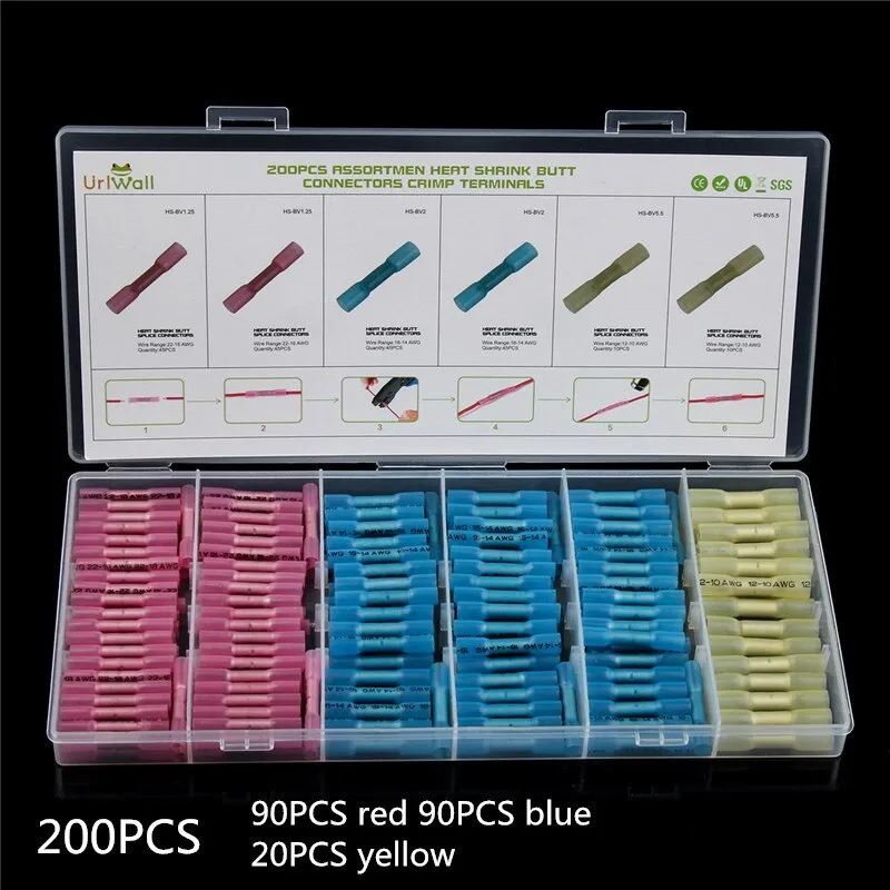 50/100/200Pcs Waterproof Heat Shrink Butt Connectors Box Electrical Wire Splice Cable Crimp Terminals Connectors Ternimals Kit