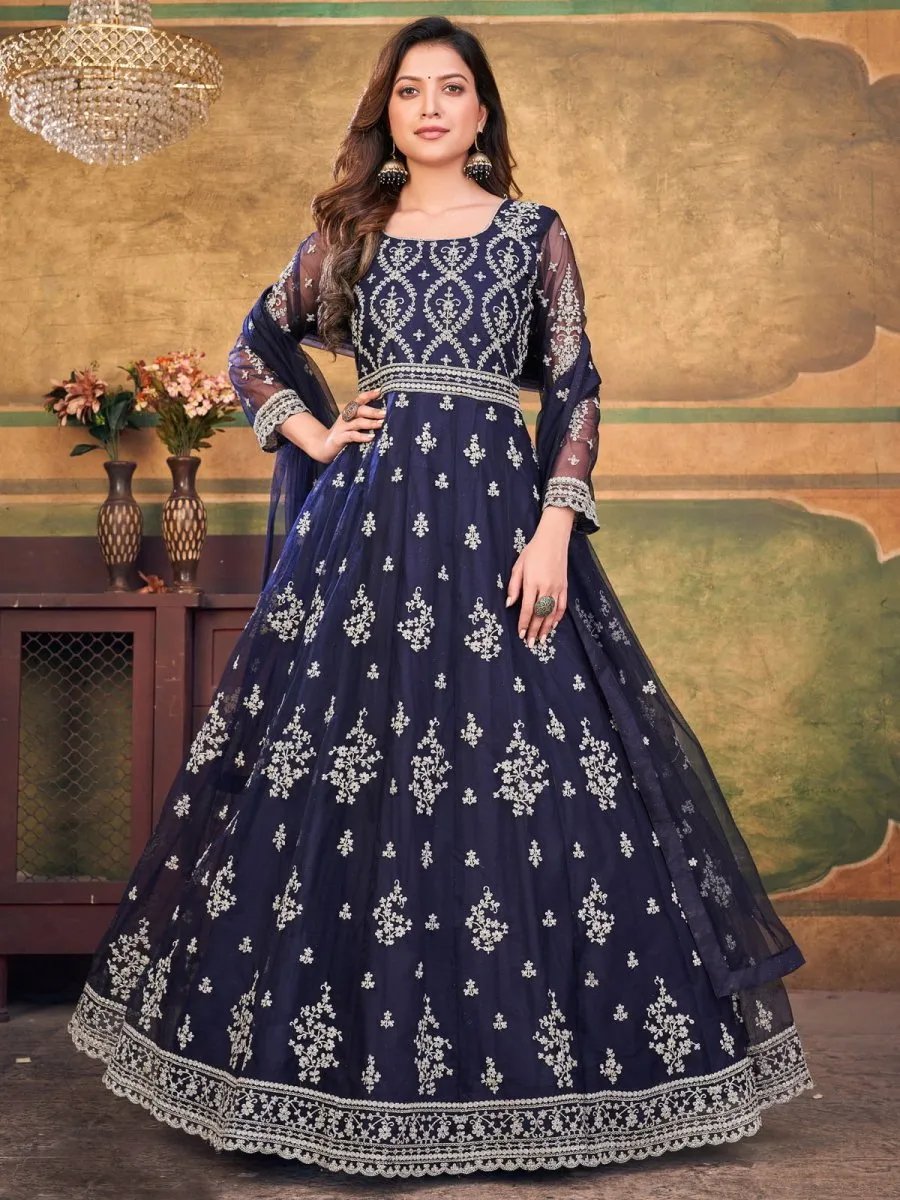 Blue Net Partywear Anarkali-Suit