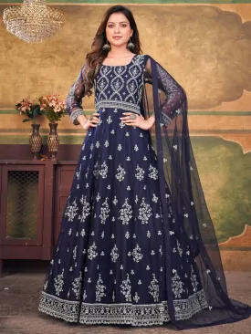 Blue Net Partywear Anarkali-Suit