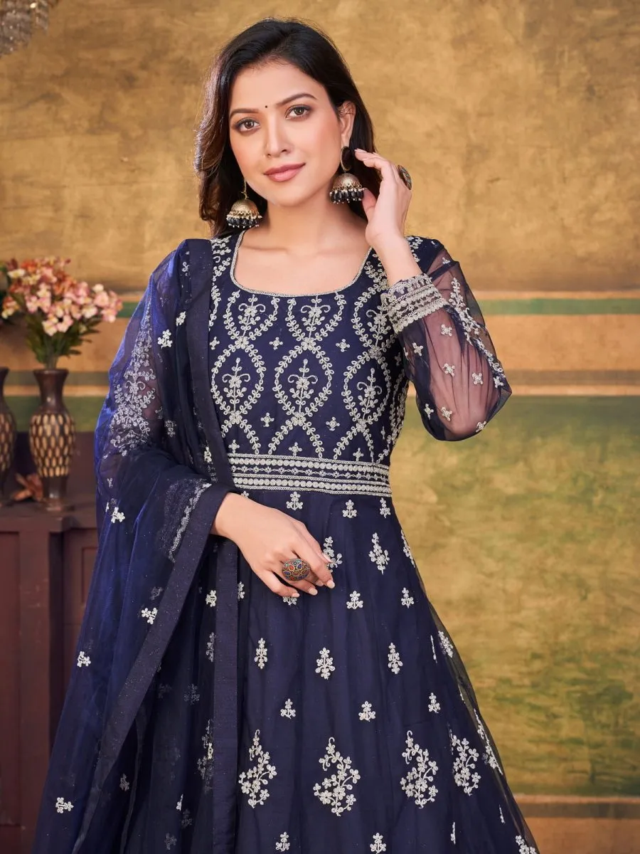 Blue Net Partywear Anarkali-Suit