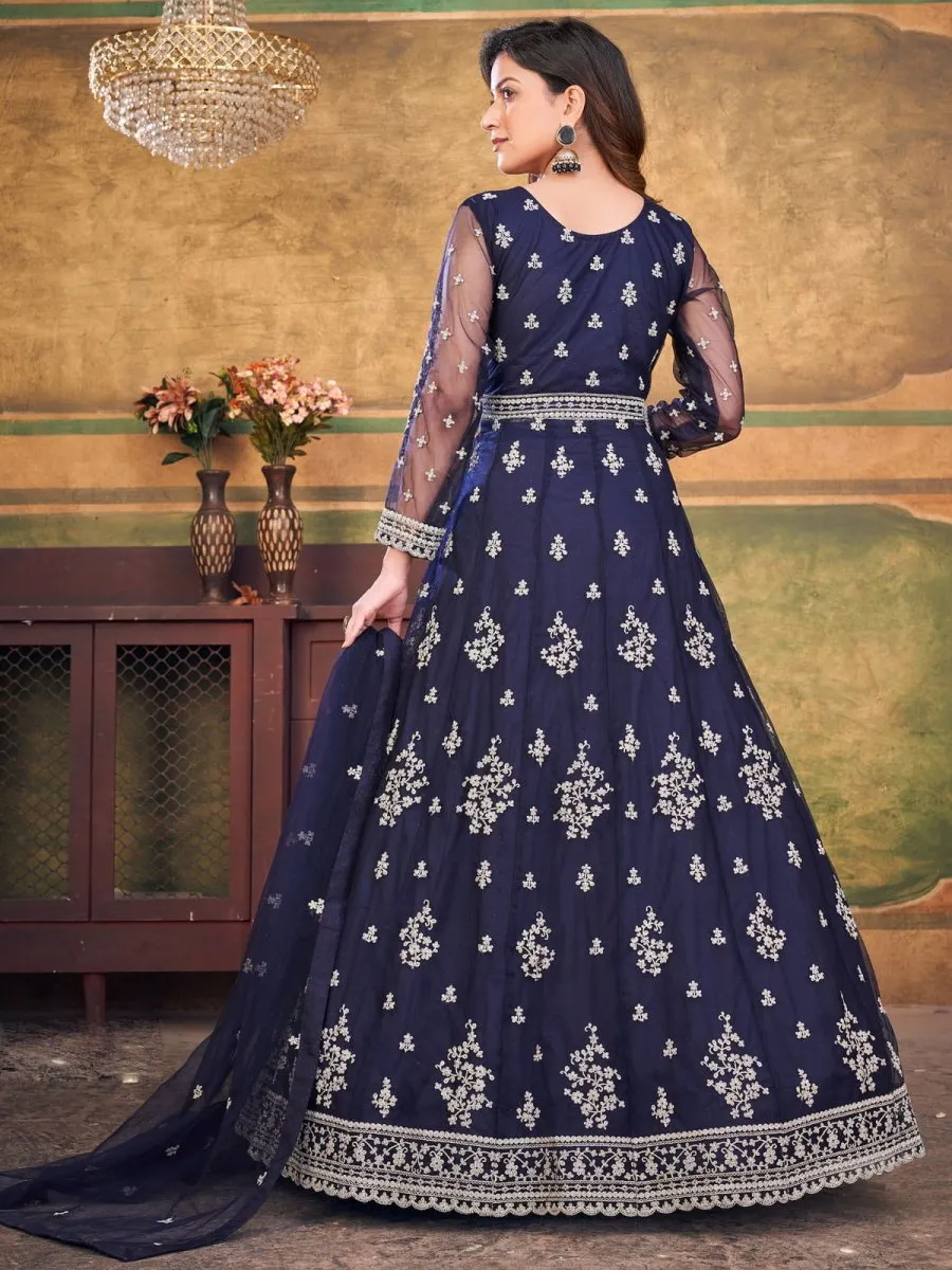 Blue Net Partywear Anarkali-Suit