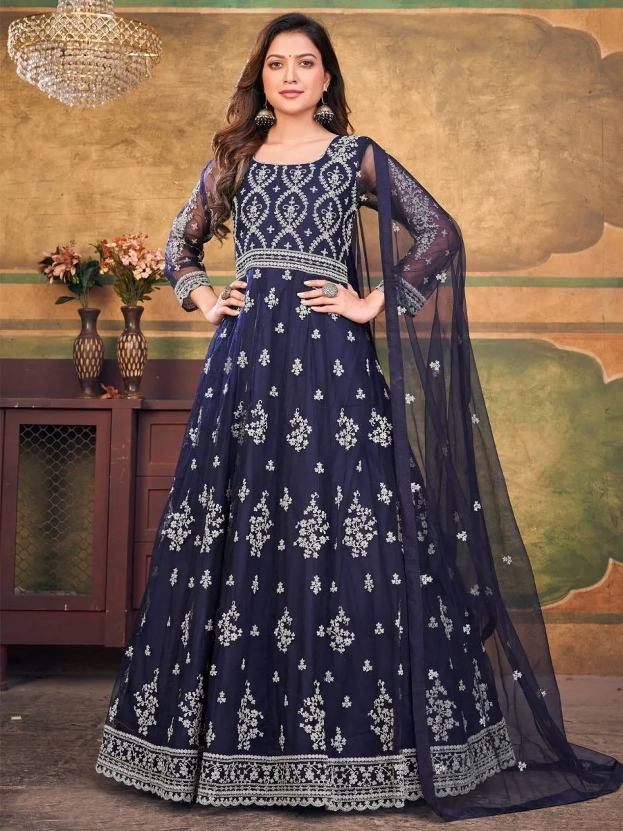 Blue Net Partywear Anarkali-Suit