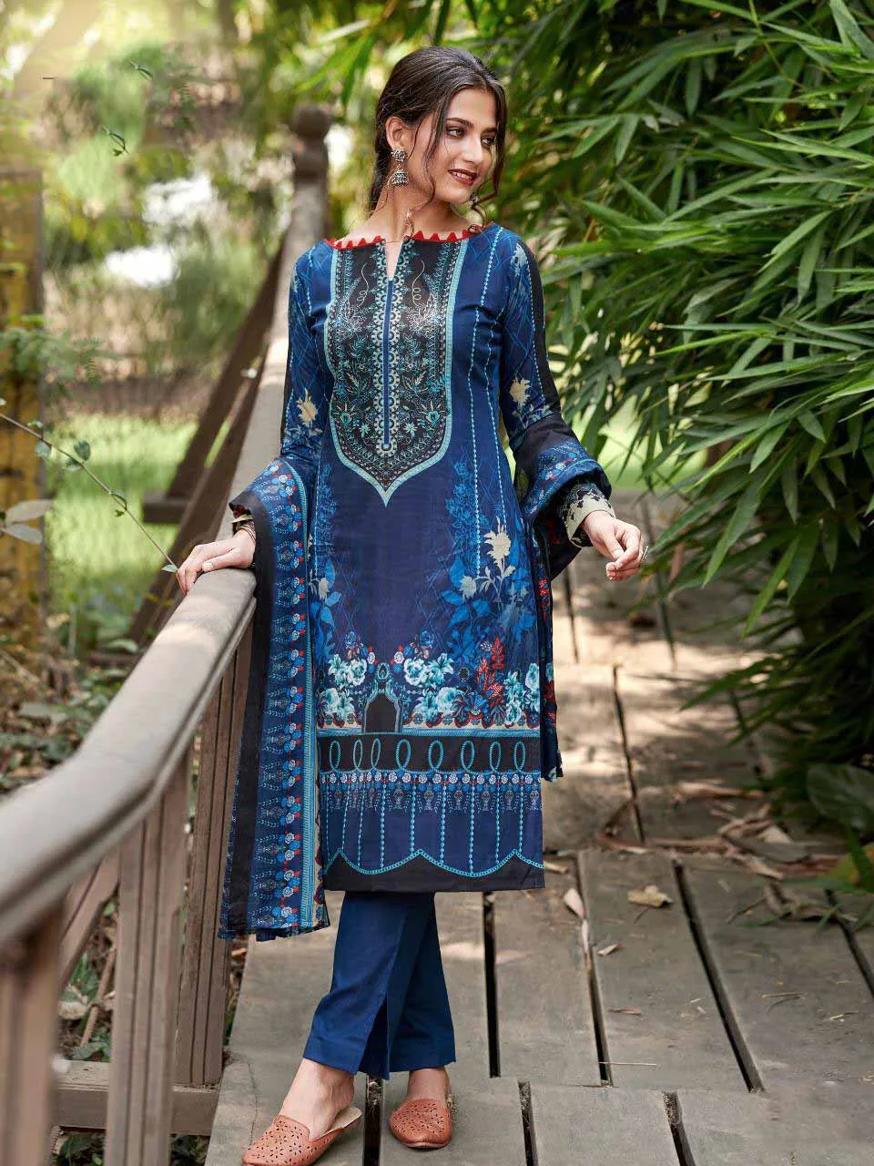 Blue Pakistani Style Lawn Cotton Suit Material for Ladies