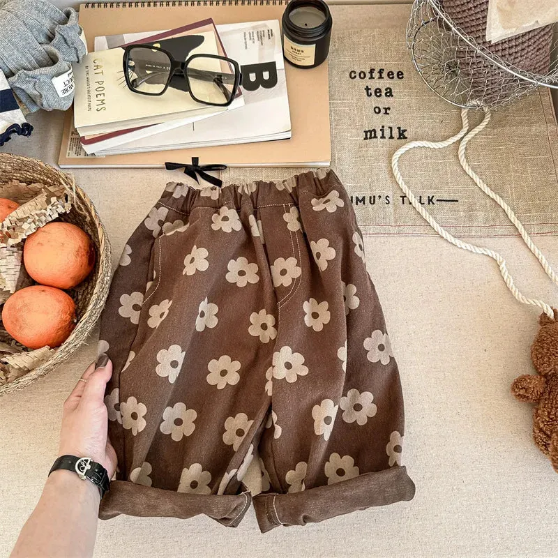 Children Fashion Flower Print Wide Leg Pants Autumn Costume Retro Boy Girl Baby Cotton Loose Outdoor All-match Casual Trousers