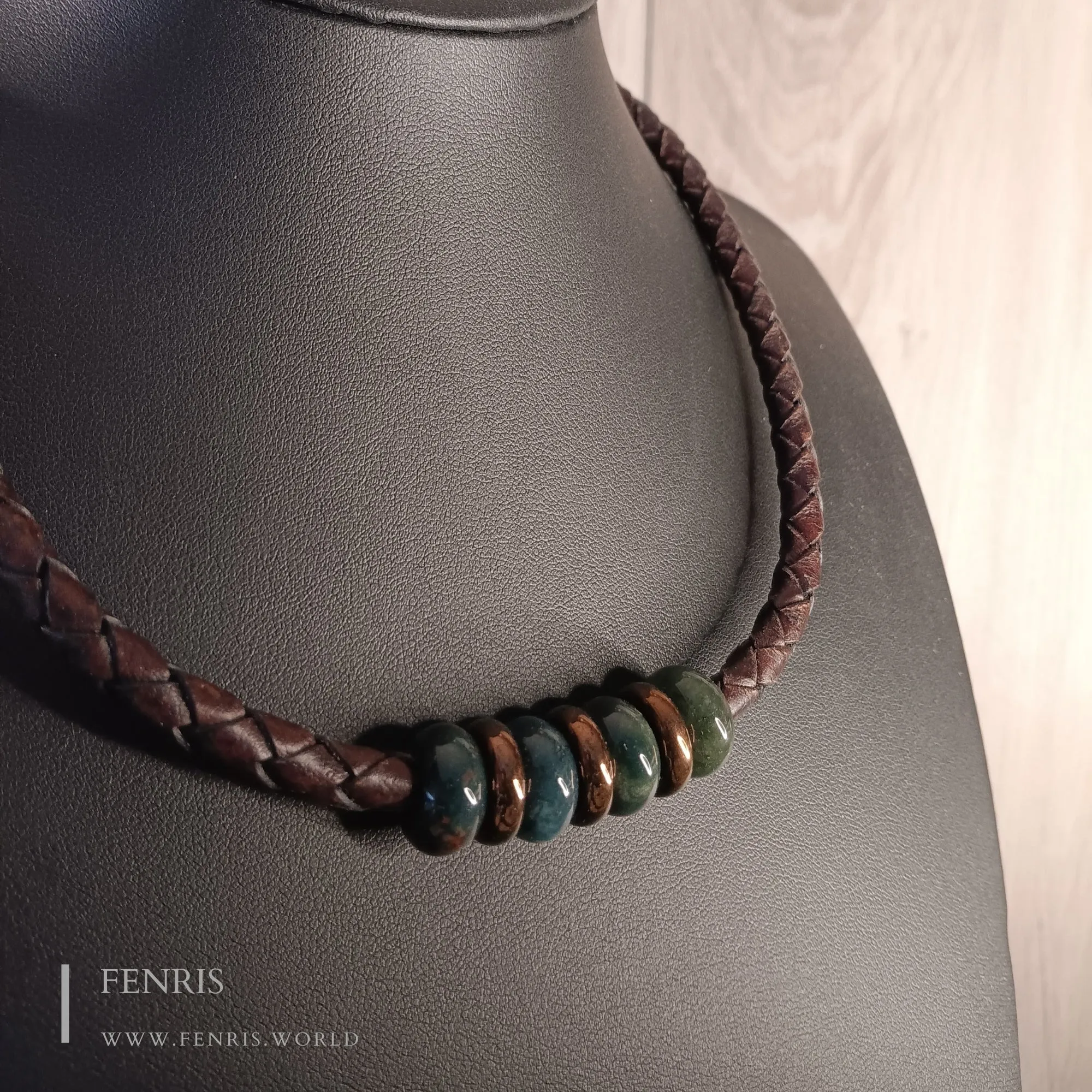 Choker Necklace Bronze Teal Agate Brown Leather