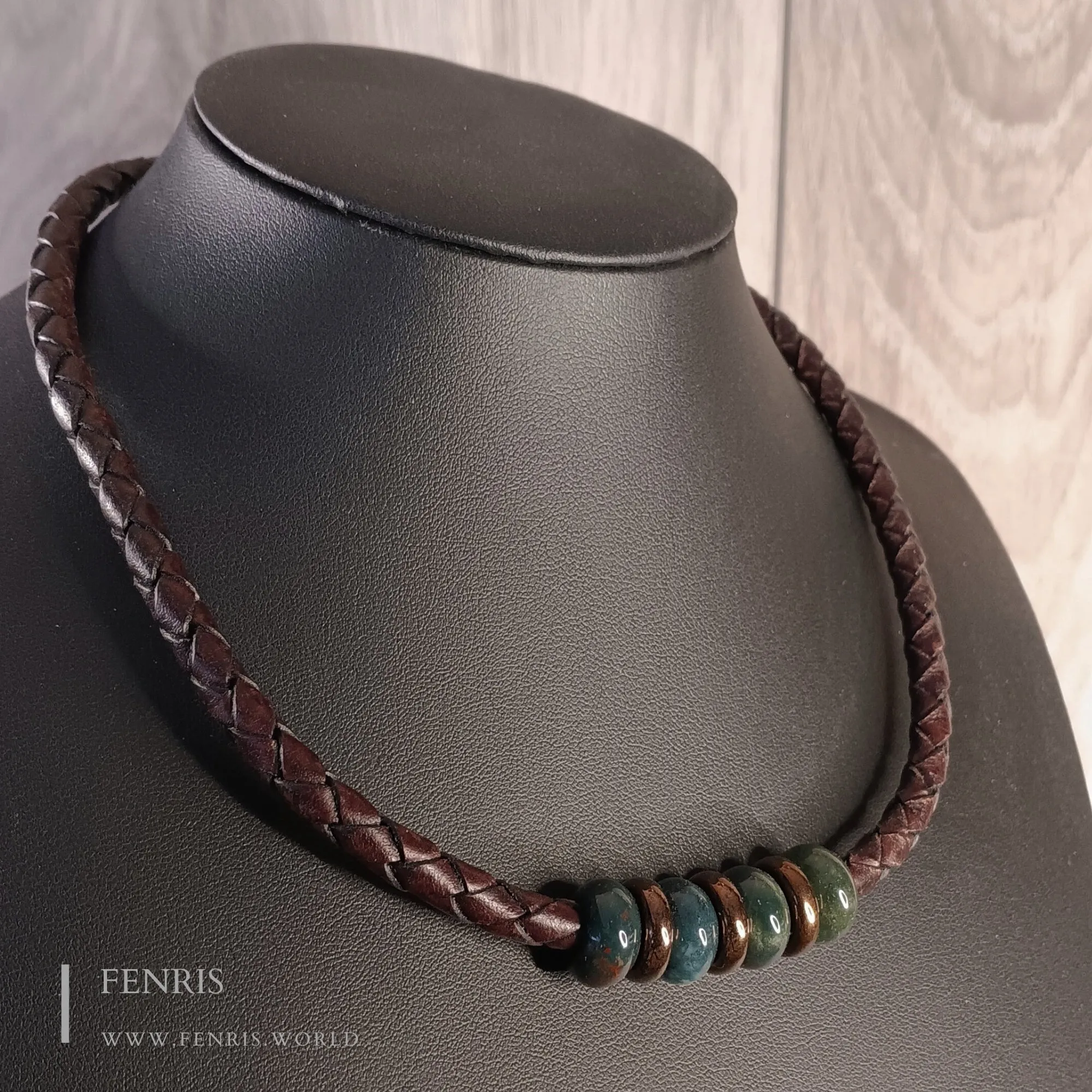 Choker Necklace Bronze Teal Agate Brown Leather