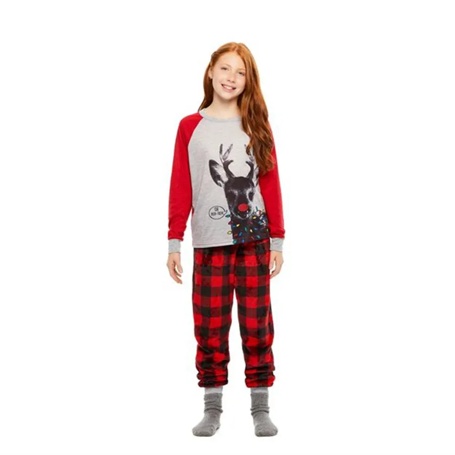 Christmas Family Matching Xmas Reindeer Tops Plaid Pants Pajamas Set