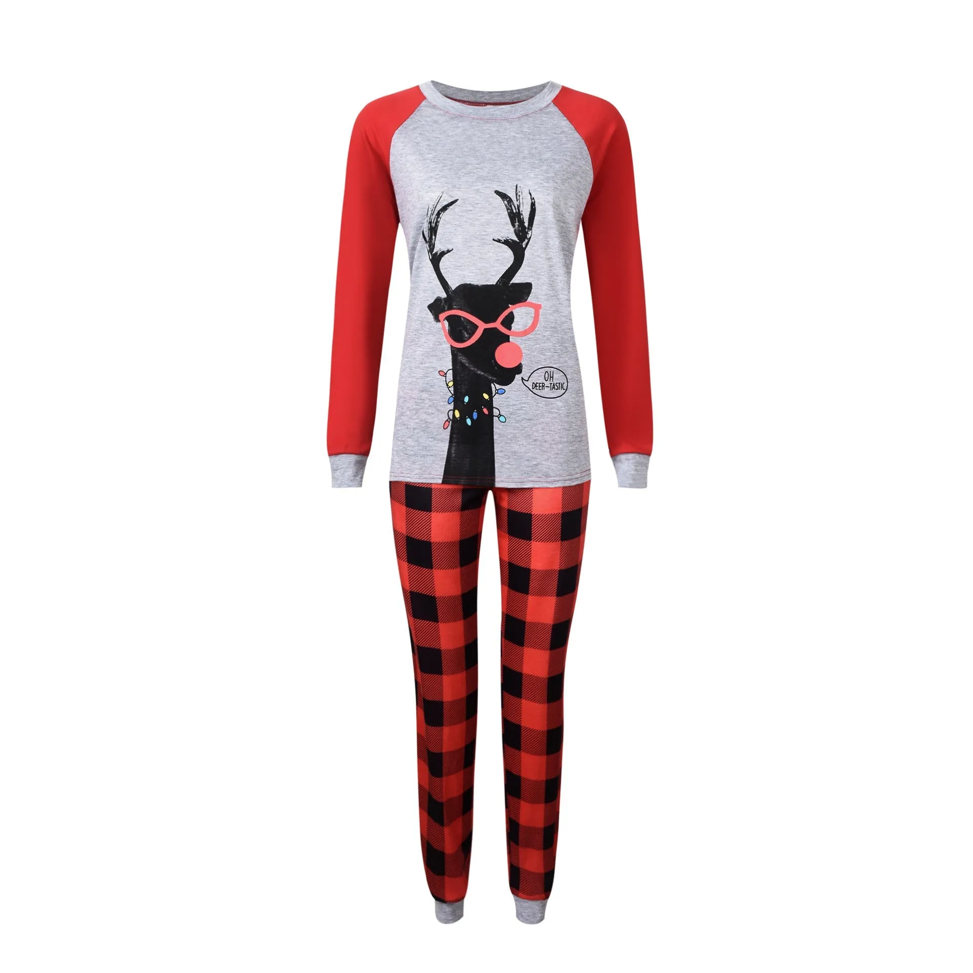 Christmas Family Matching Xmas Reindeer Tops Plaid Pants Pajamas Set