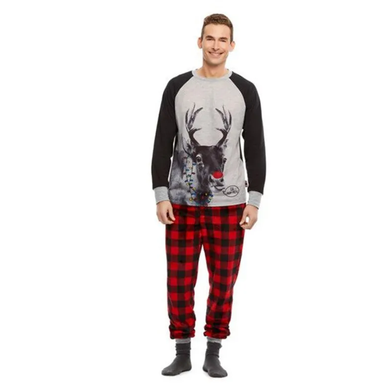 Christmas Family Matching Xmas Reindeer Tops Plaid Pants Pajamas Set