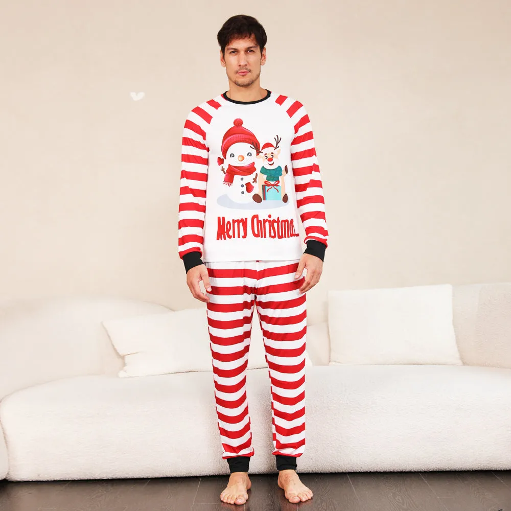 Christmas Striped Family Pajamas Set Snowman & Reindeer Cartoon Pattern