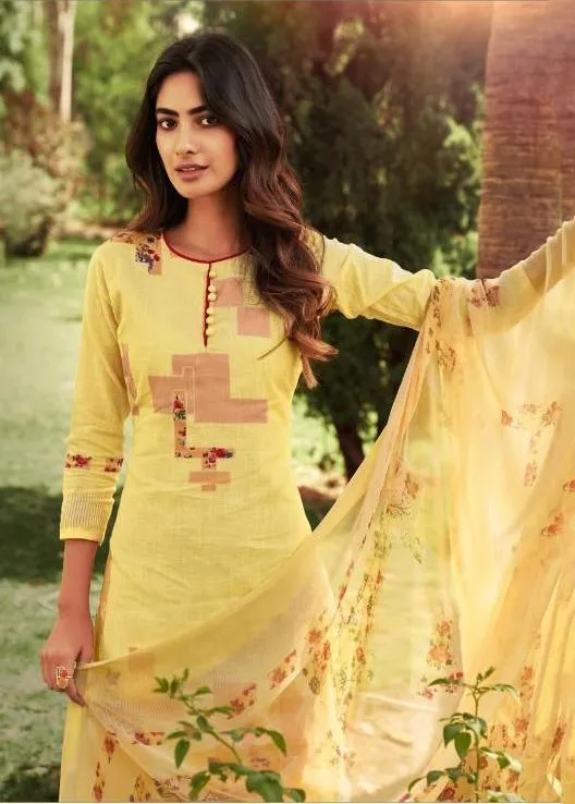 Cotton Linen Yellow Unstitched Suit With Chiffon Dupatta