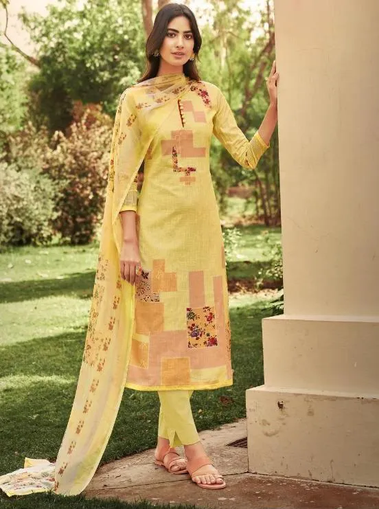 Cotton Linen Yellow Unstitched Suit With Chiffon Dupatta