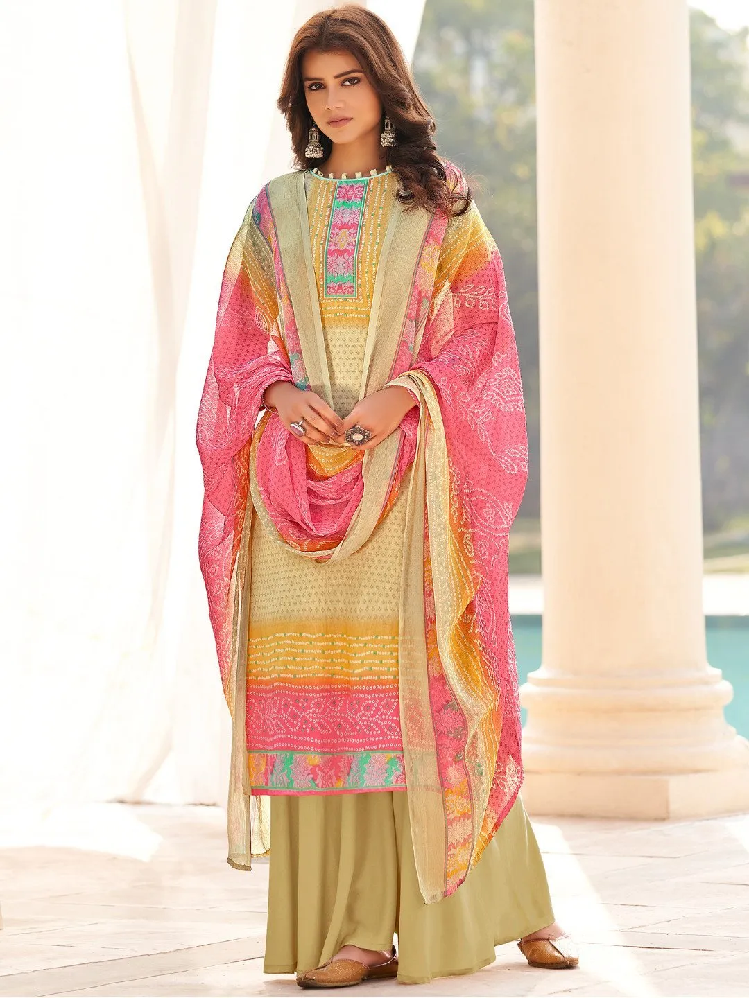 Cotton Printed Beige Un-Stitched Suit with chiffon Dupatta