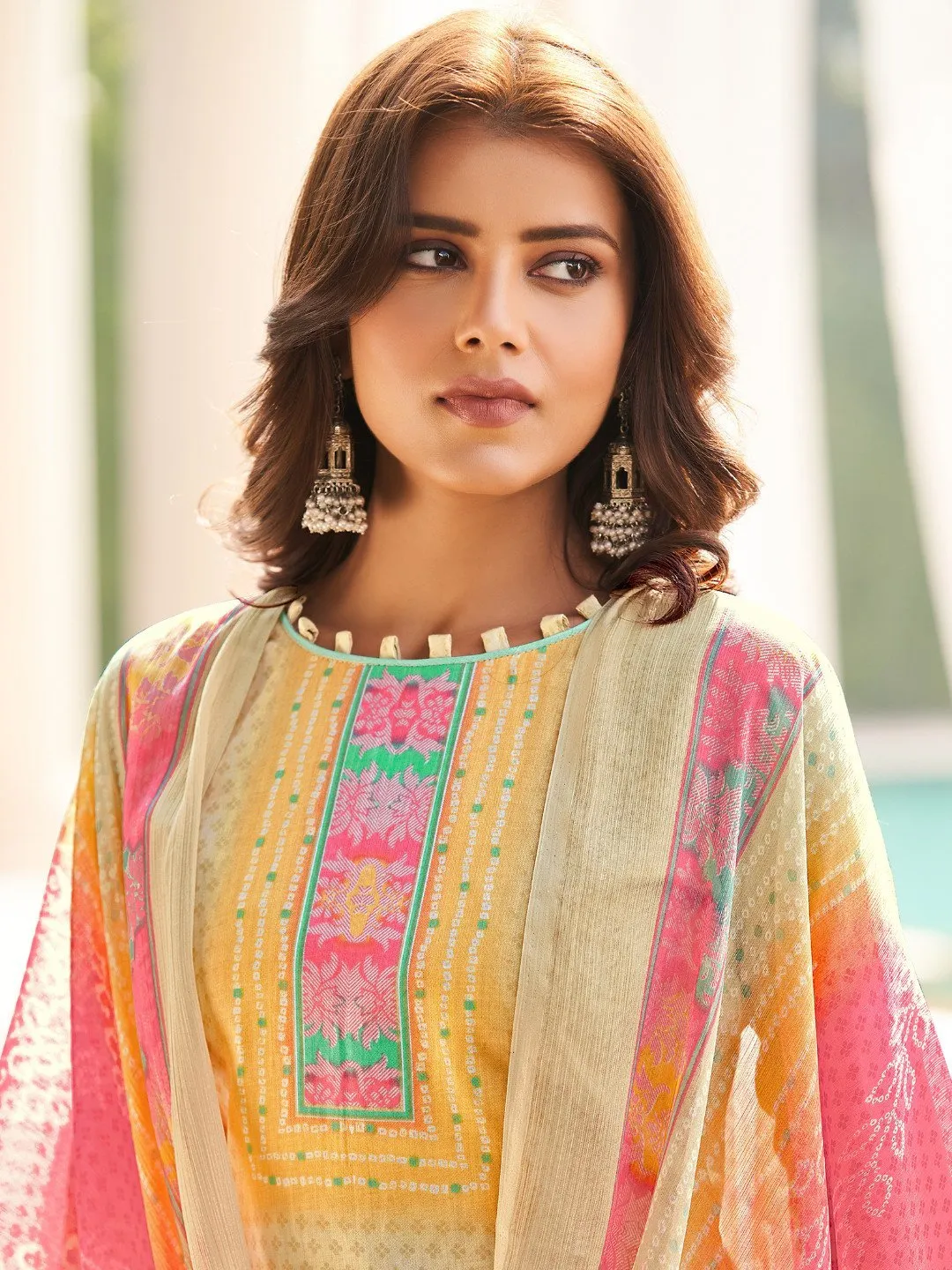 Cotton Printed Beige Un-Stitched Suit with chiffon Dupatta