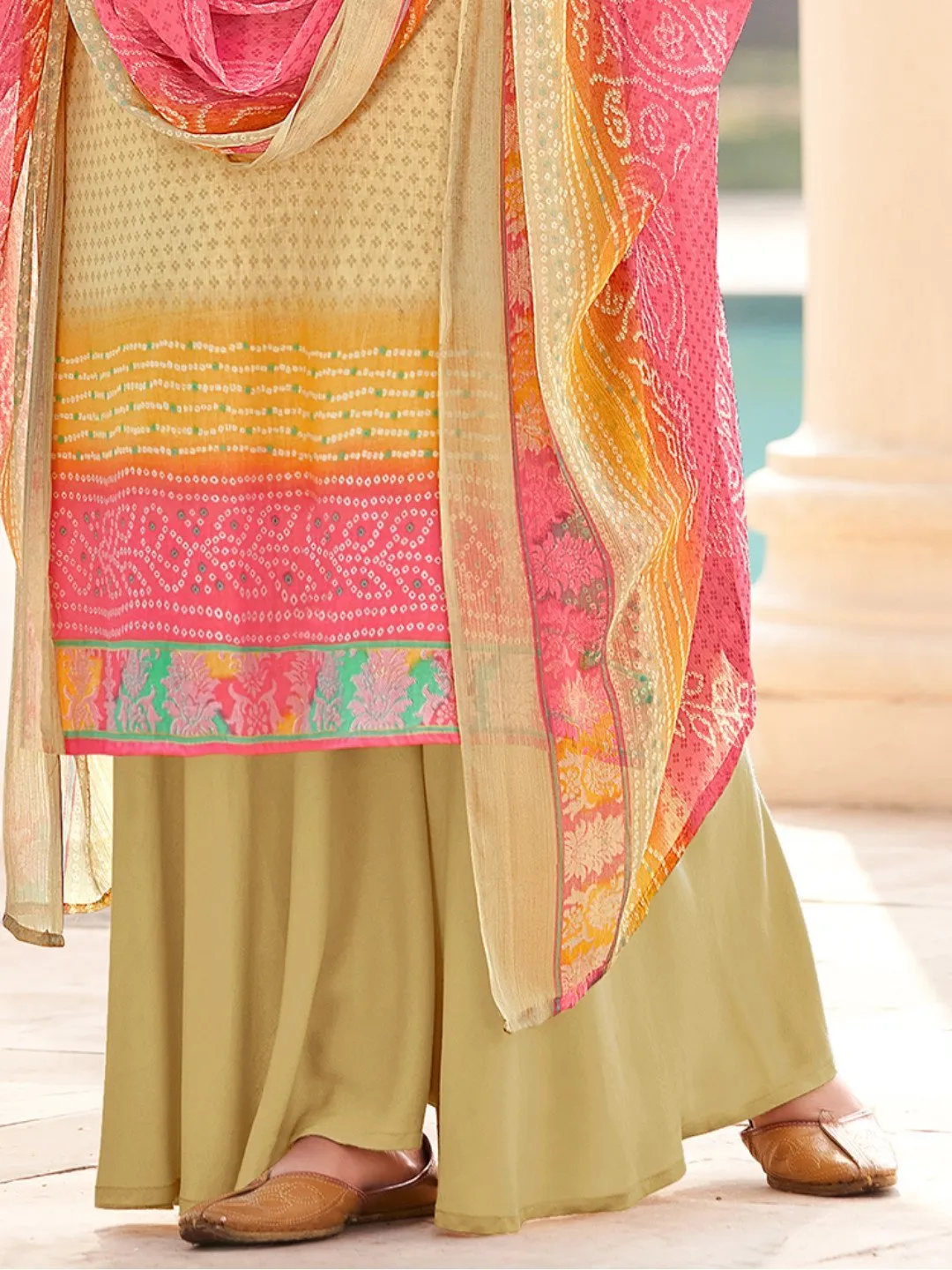 Cotton Printed Beige Un-Stitched Suit with chiffon Dupatta