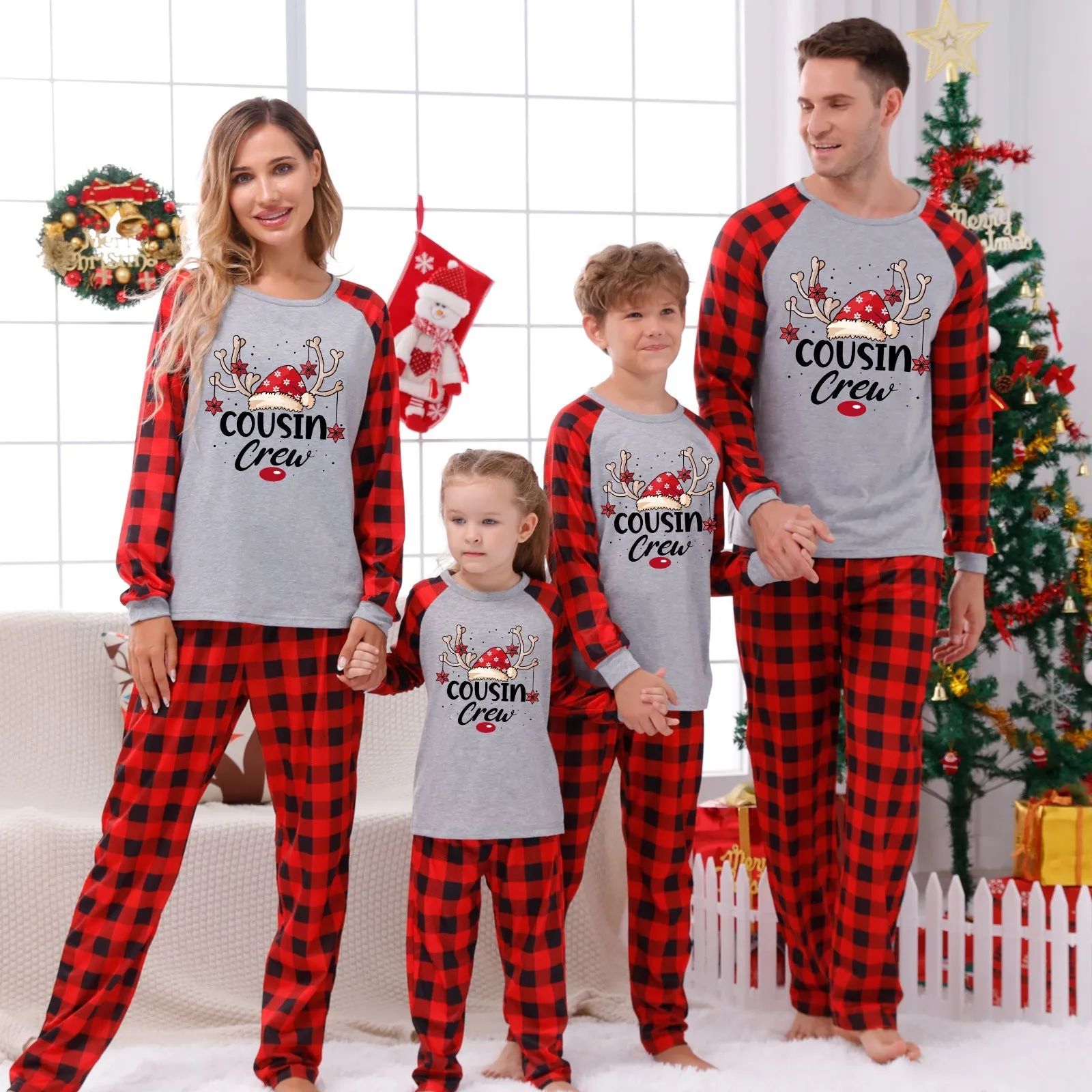 Cousin Crew plaid parent-child gray matching pajamas with reindeer print