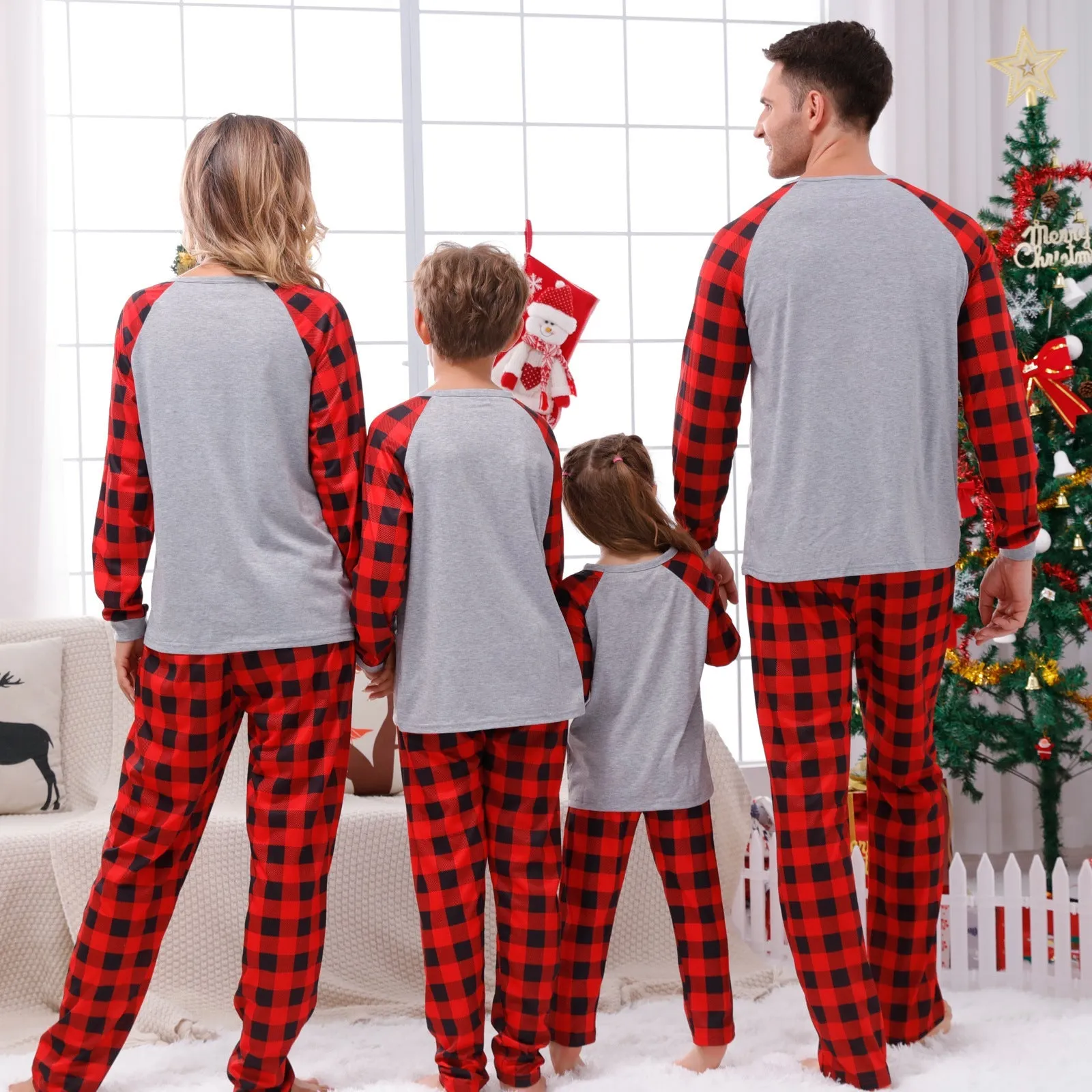 Cousin Crew plaid parent-child gray matching pajamas with reindeer print