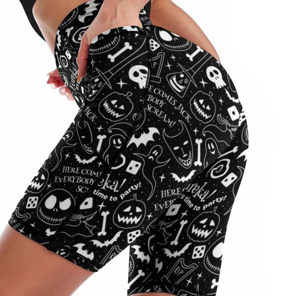 Disney Nightmare Before Christmas Everybody Scream Women's Knee Length Athletic Yoga Shorts With Pockets