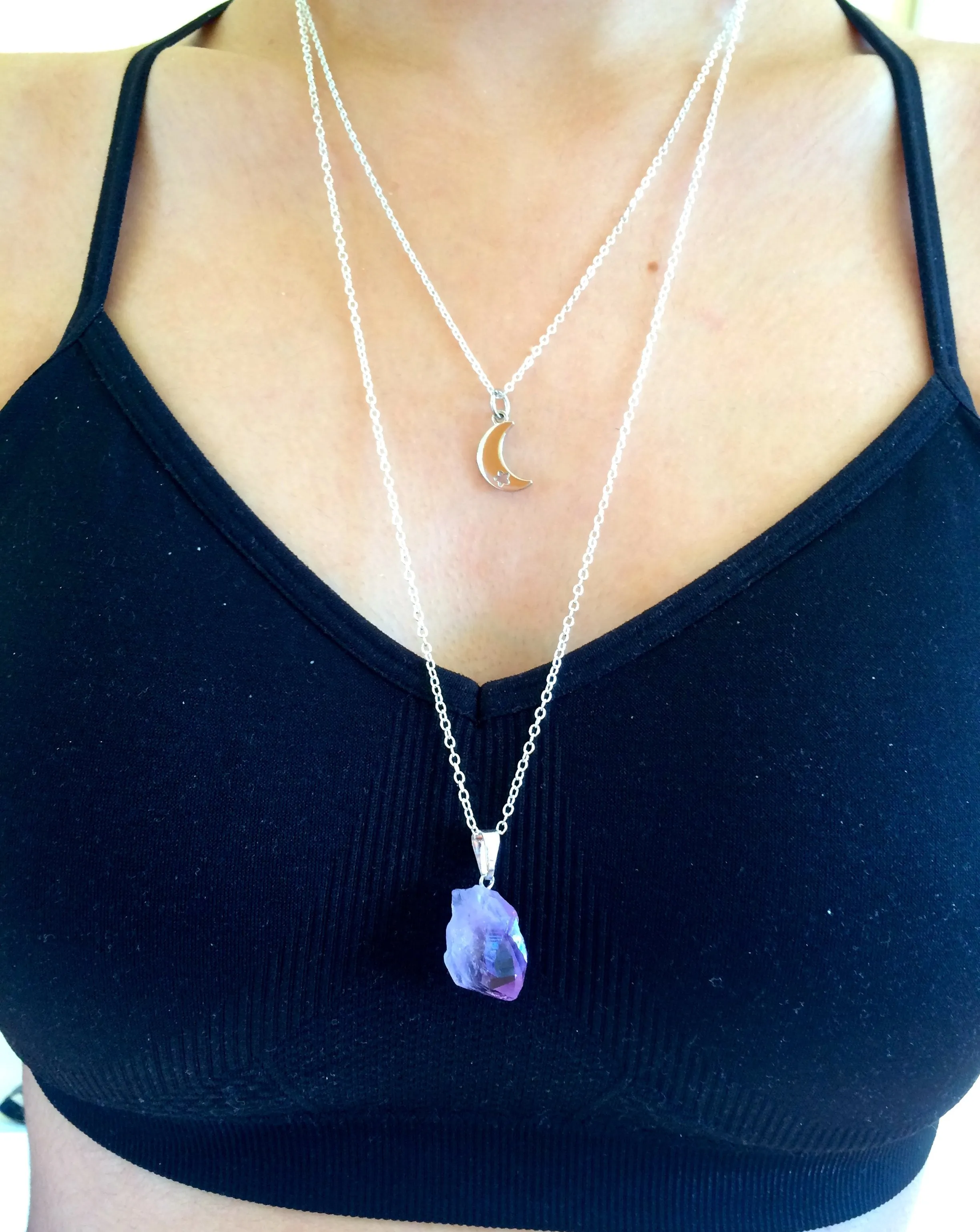 Double Layered Amethyst Point Moon Necklaces