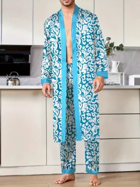 Elegant Men's Sky Blue Suit - Super-stylish Gorgeous Floral Print V-neck Long Sleeve Robe & Trousers, Must-have Nightgown Set For Daily Wearing