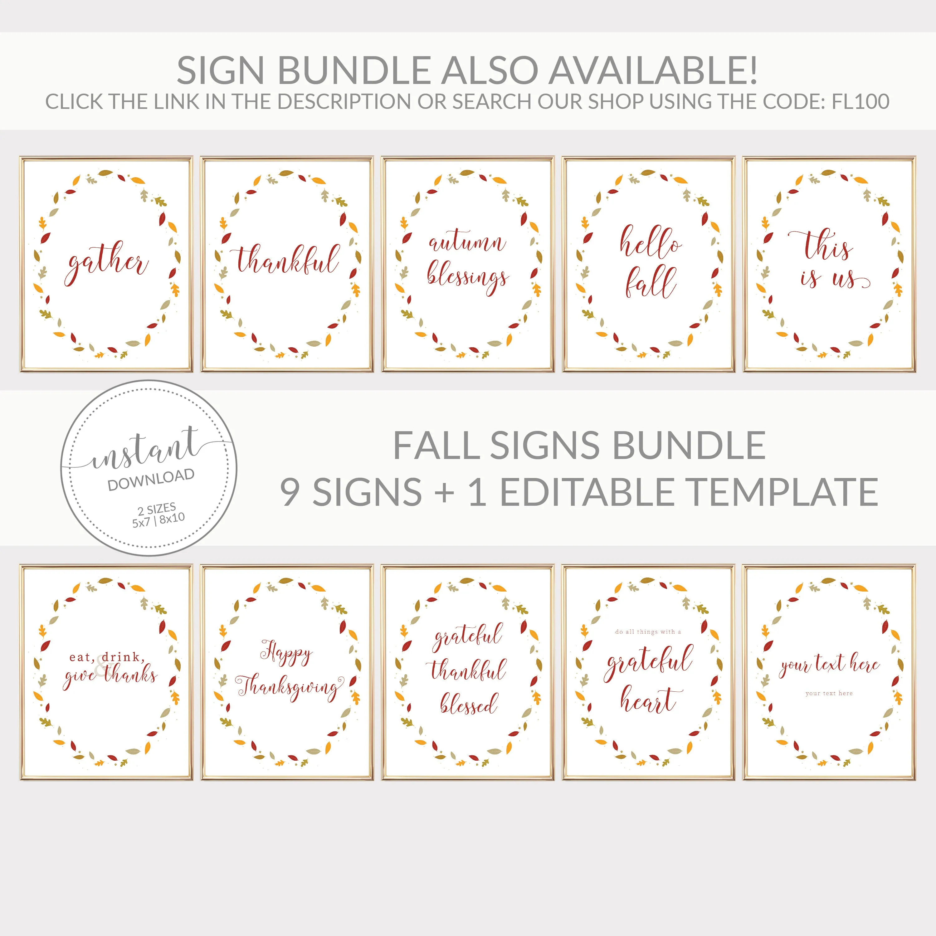 Fall Leaves Gather Sign Printable, Thanksgiving Sign, Fall Art, INSTANT DOWNLOAD - FL100