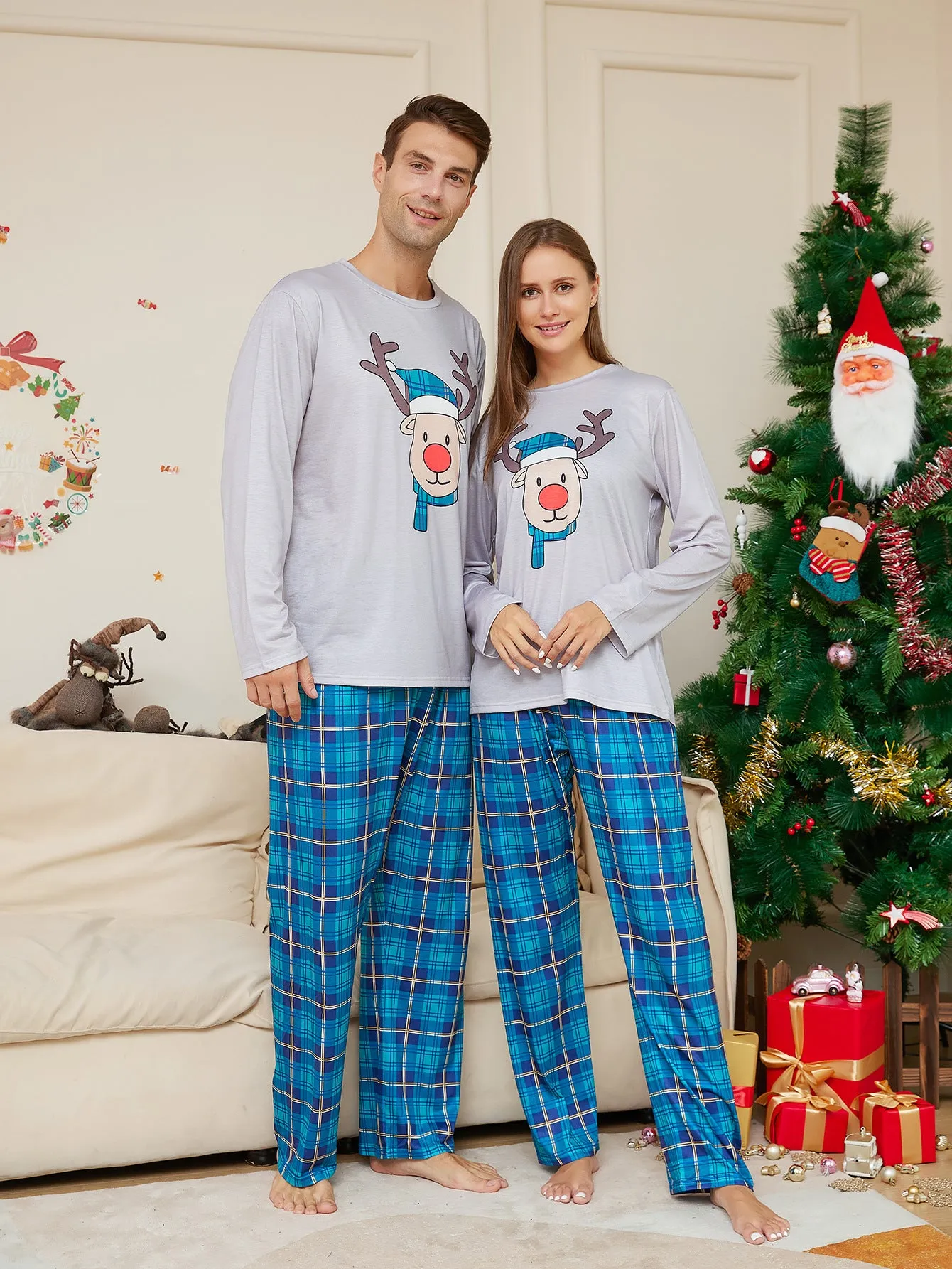 Family Matching Pajamas with Cartoon Deer Head Plaid Set