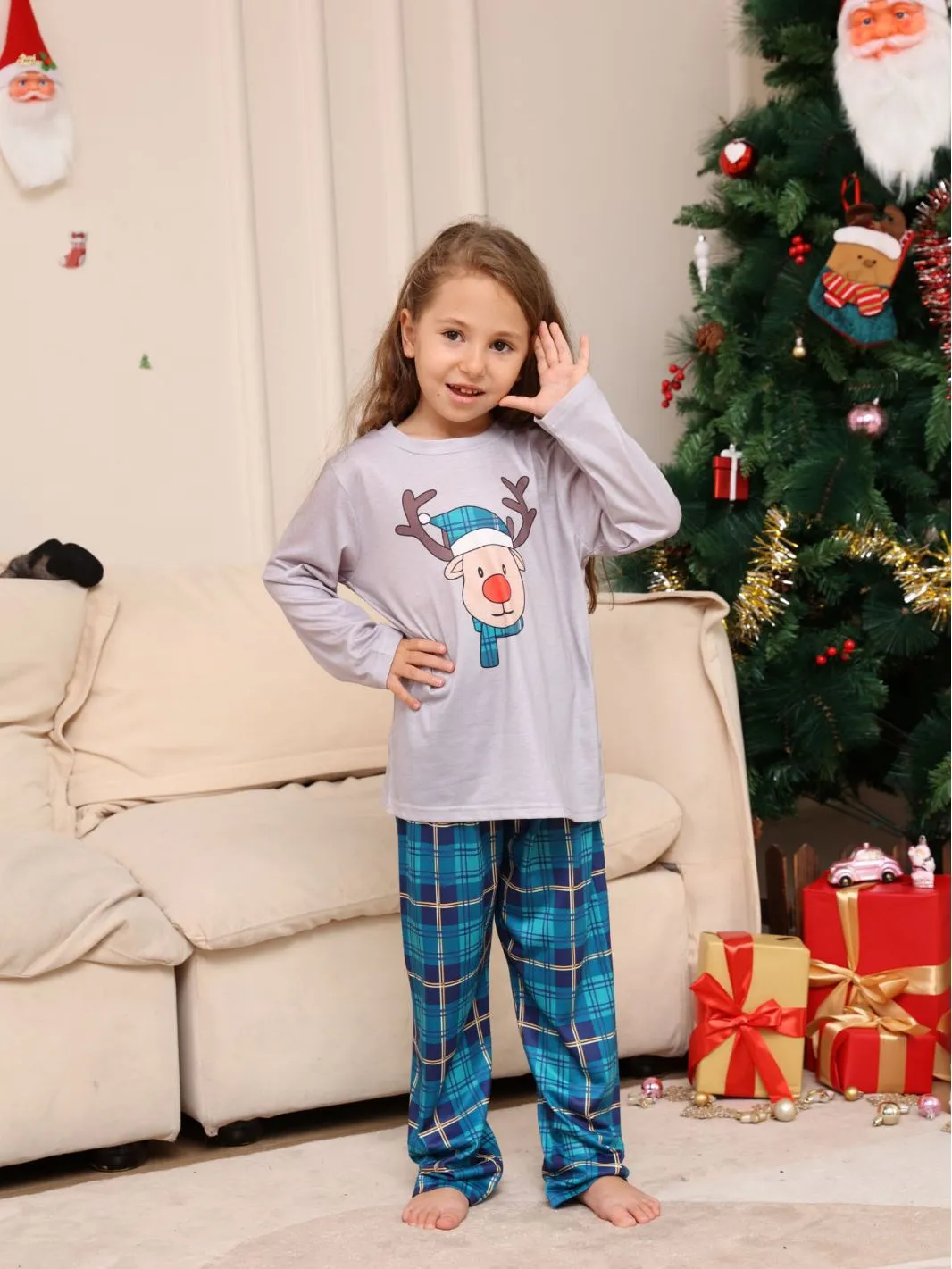 Family Matching Pajamas with Cartoon Deer Head Plaid Set