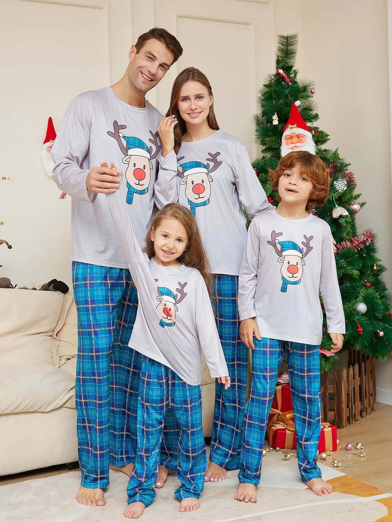 Family Matching Pajamas with Cartoon Deer Head Plaid Set