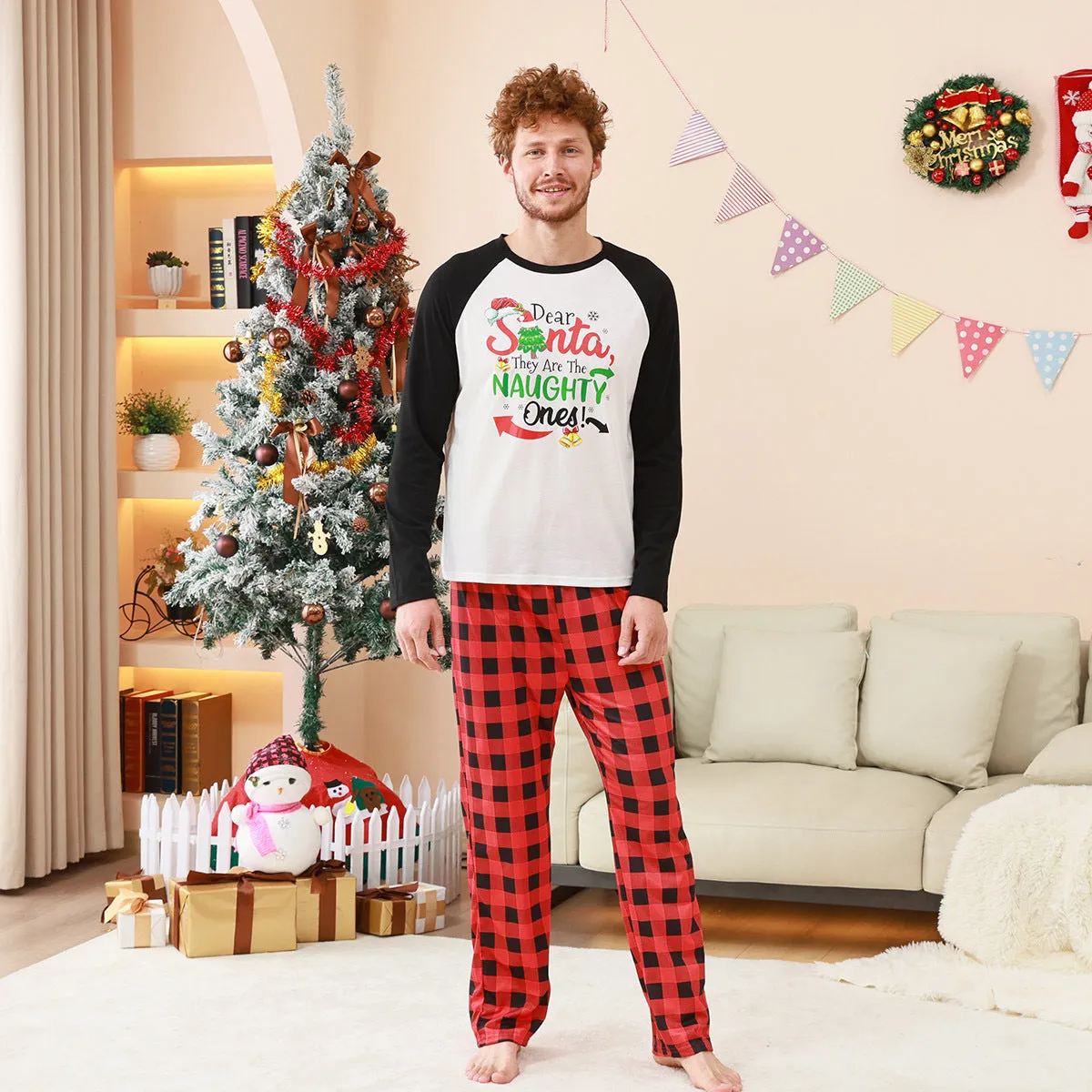 Family Parent-Child Christmas "Dear Naughty" Plaid Pajamas Set