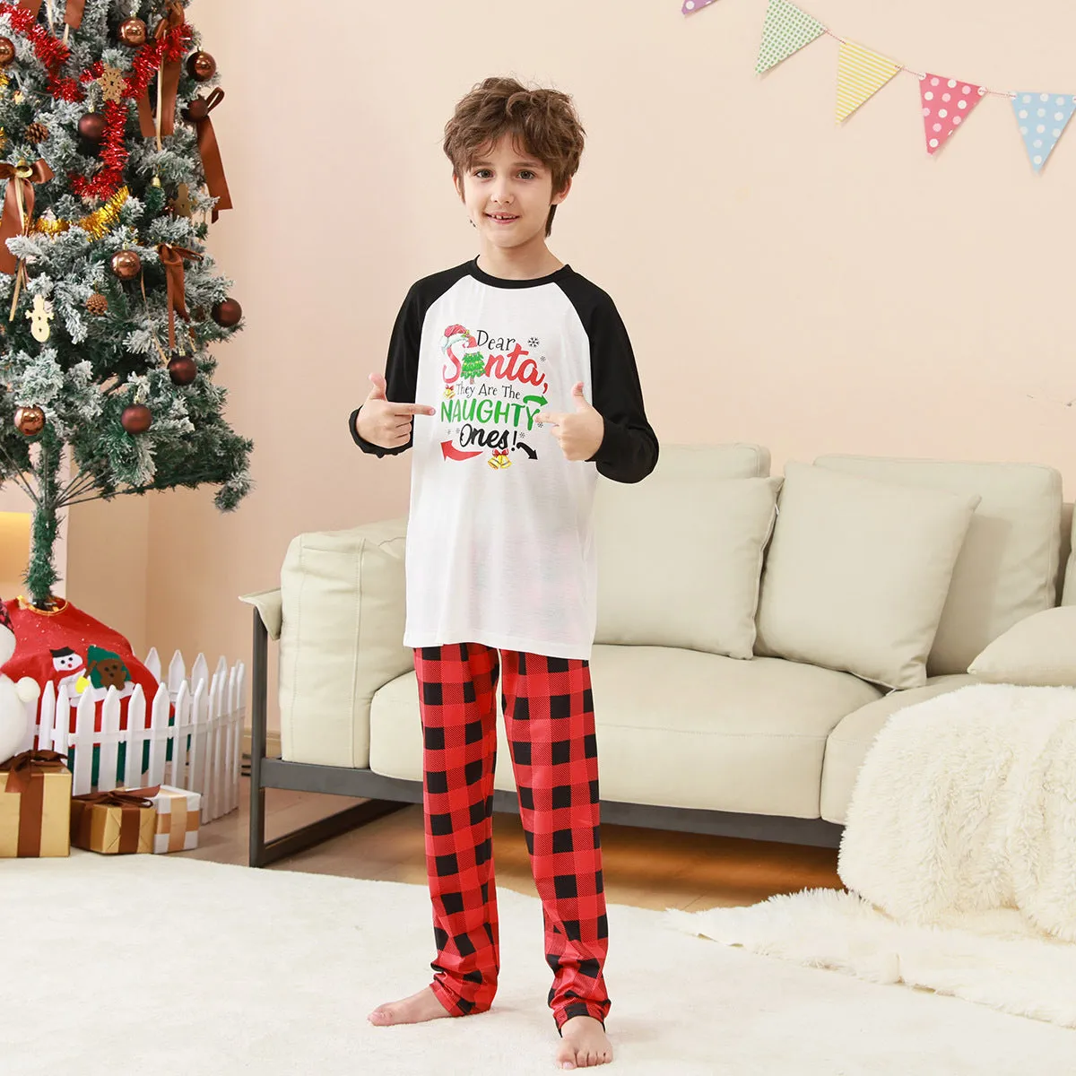 Family Parent-Child Christmas "Dear Naughty" Plaid Pajamas Set