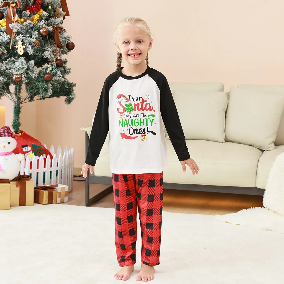 Family Parent-Child Christmas "Dear Naughty" Plaid Pajamas Set