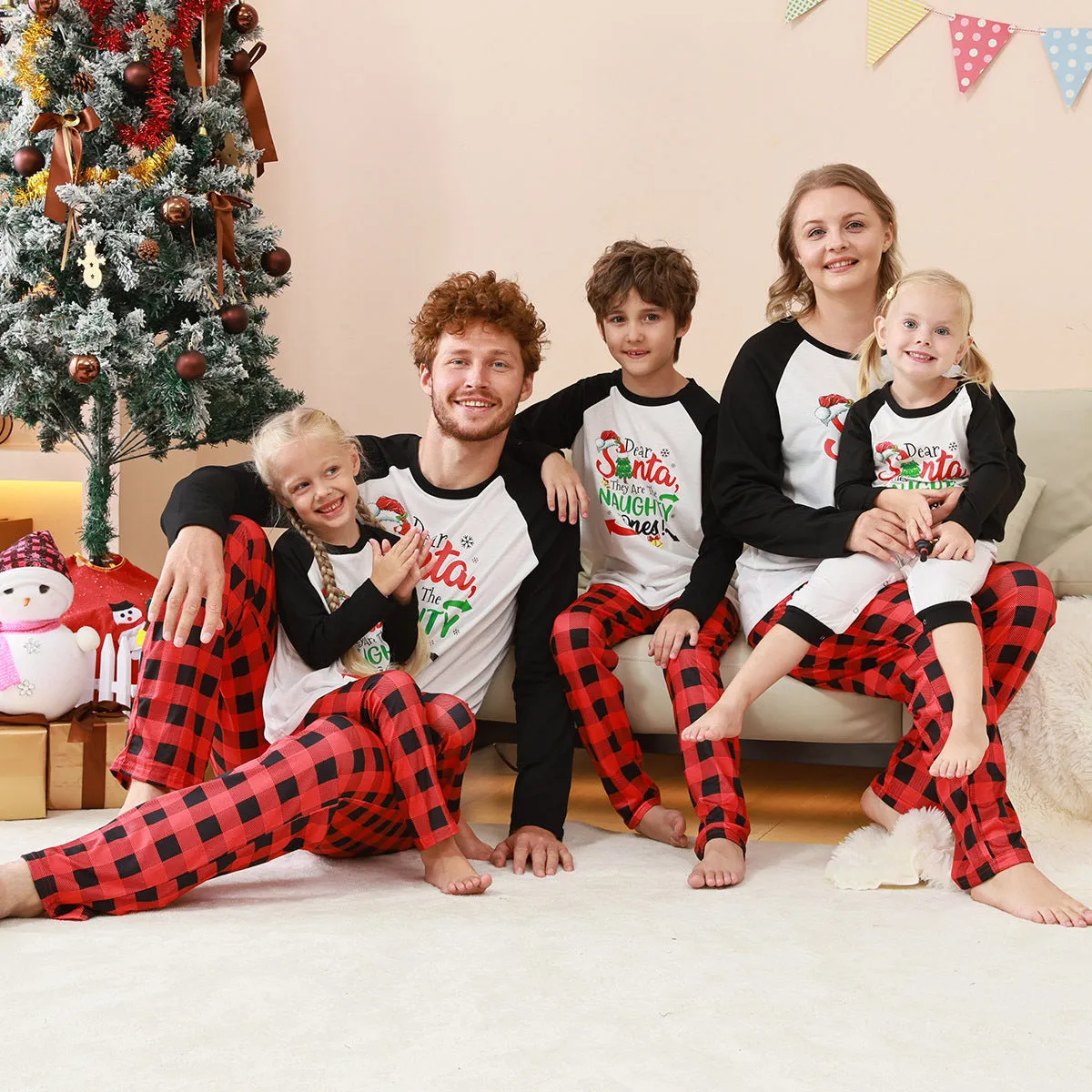 Family Parent-Child Christmas "Dear Naughty" Plaid Pajamas Set