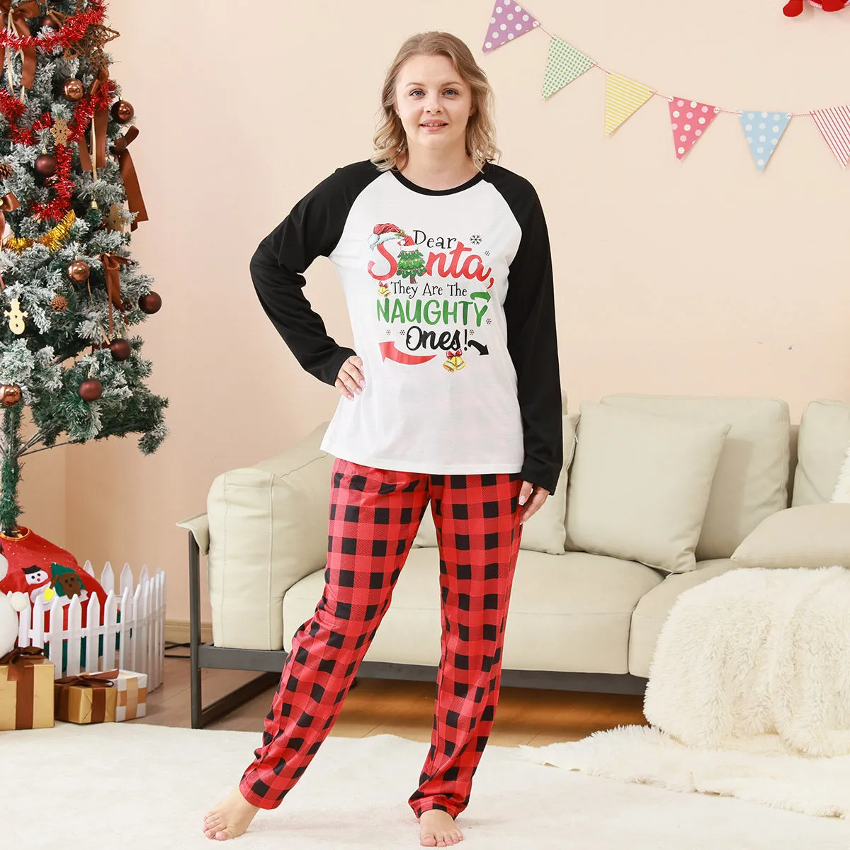 Family Parent-Child Christmas "Dear Naughty" Plaid Pajamas Set