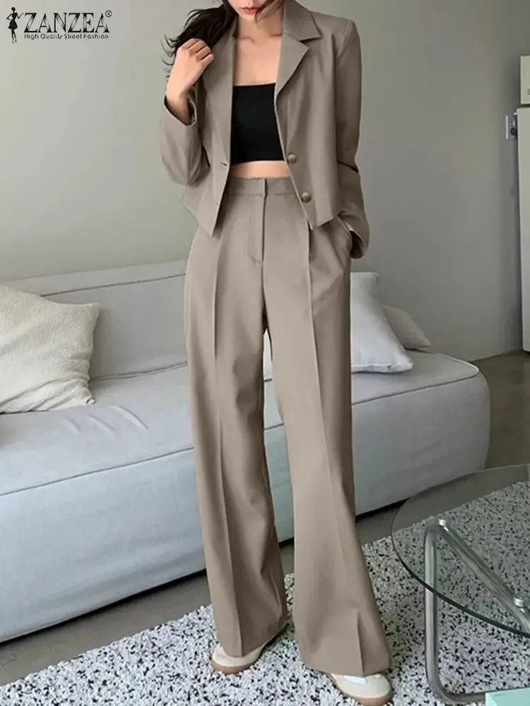 Fashion Blazer Suits Women Elegant Long Sleeve Tops Wide Leg Pants Sets 2PCS ZANZEA Casual Solid Work Matching Sets Outifits