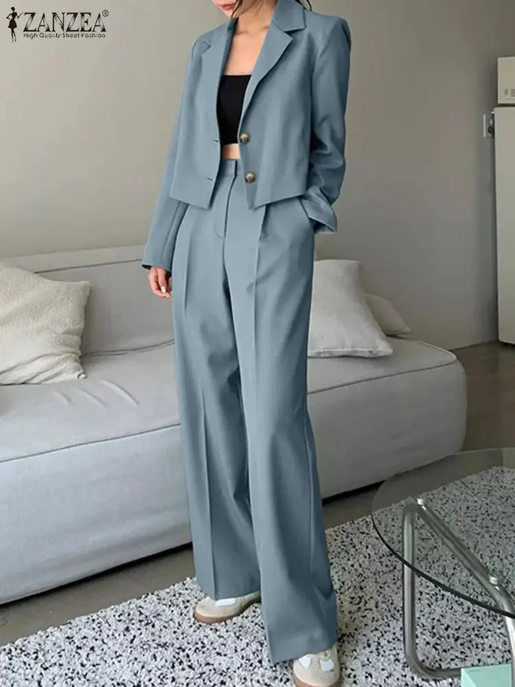 Fashion Blazer Suits Women Elegant Long Sleeve Tops Wide Leg Pants Sets 2PCS ZANZEA Casual Solid Work Matching Sets Outifits