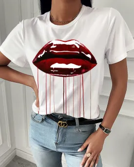 Fashion  spring and summer red lip printing short-sleeved T-shirt