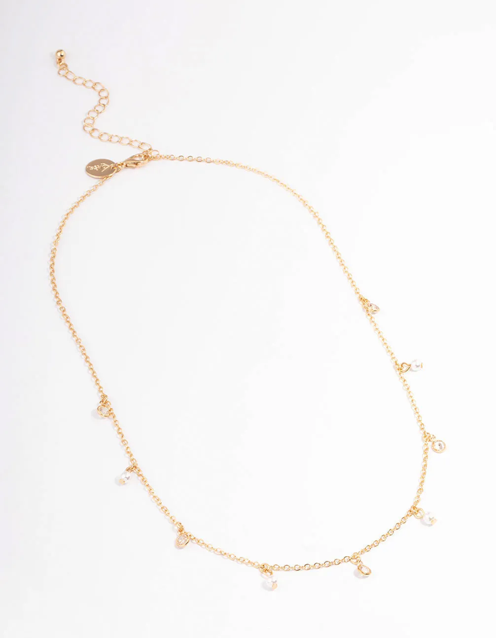 Gold Diamante & Pearl Drop Station Necklace