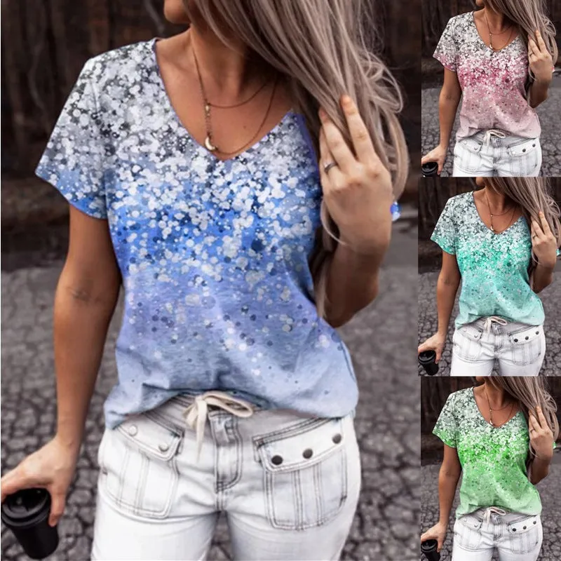 Gradient digital print V-neck short-sleeved t-shirt