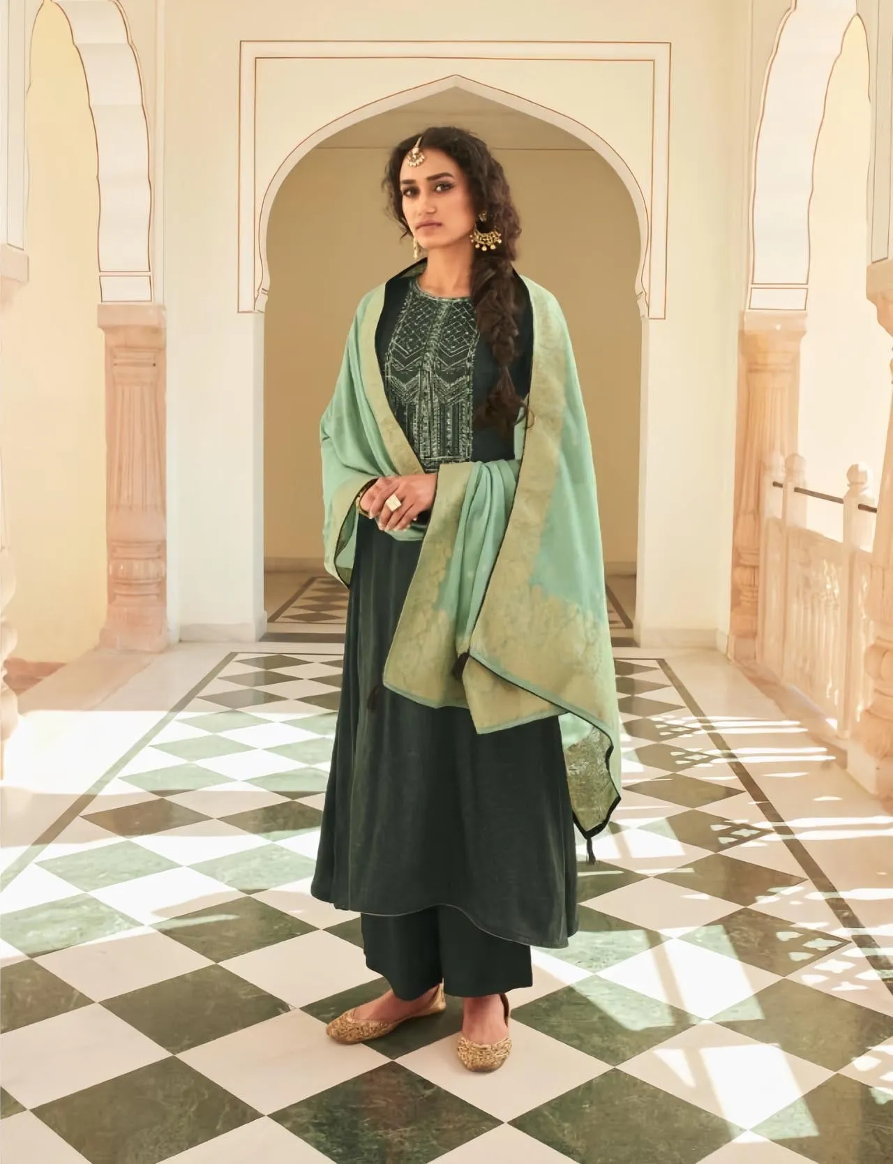 Green Unstitched Cotton Suit Dress Material with Dupatta