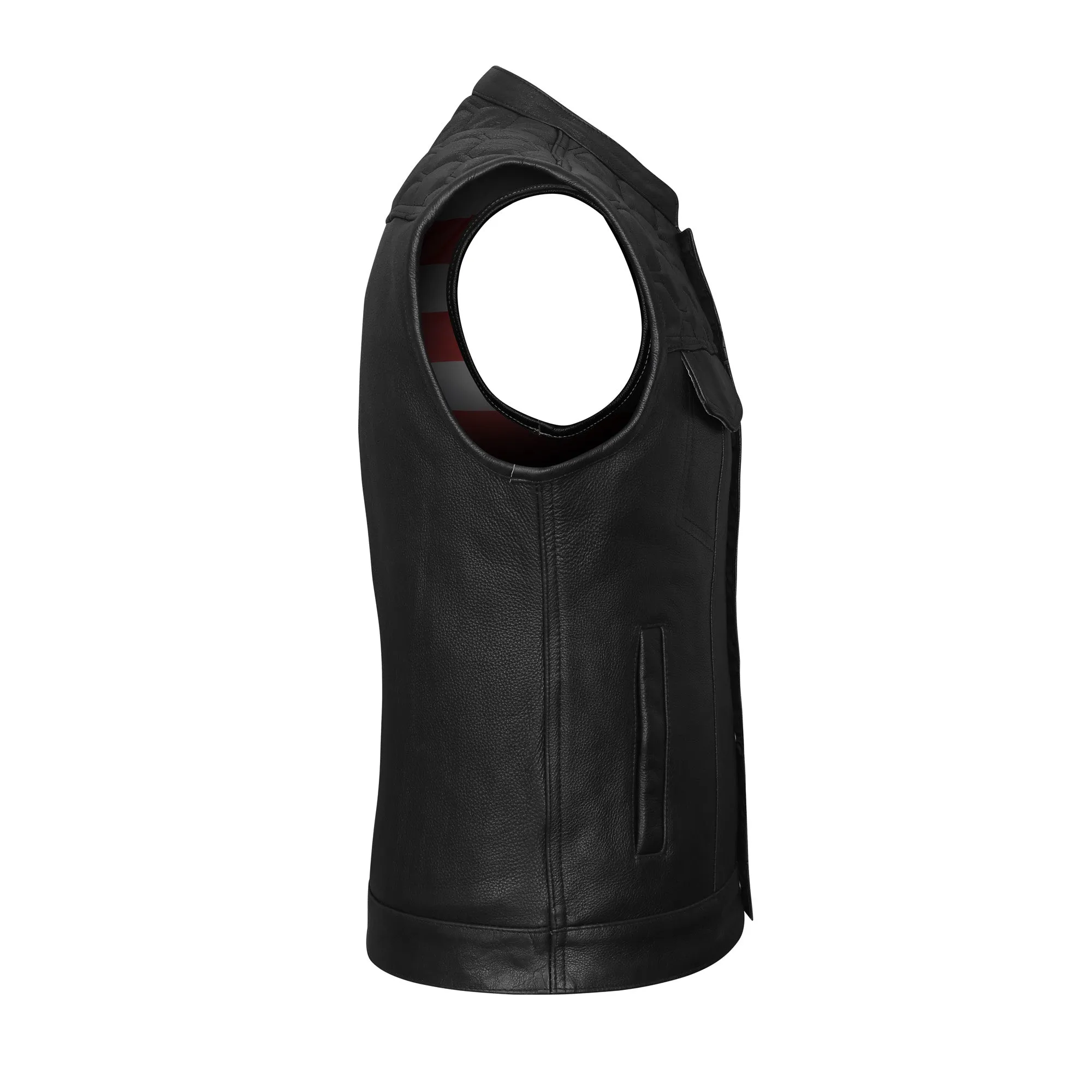 HMM914P High Mileage Men's Zipper and Snap Closure Leather Club Vest with padding Quick Access with American Flag Liner