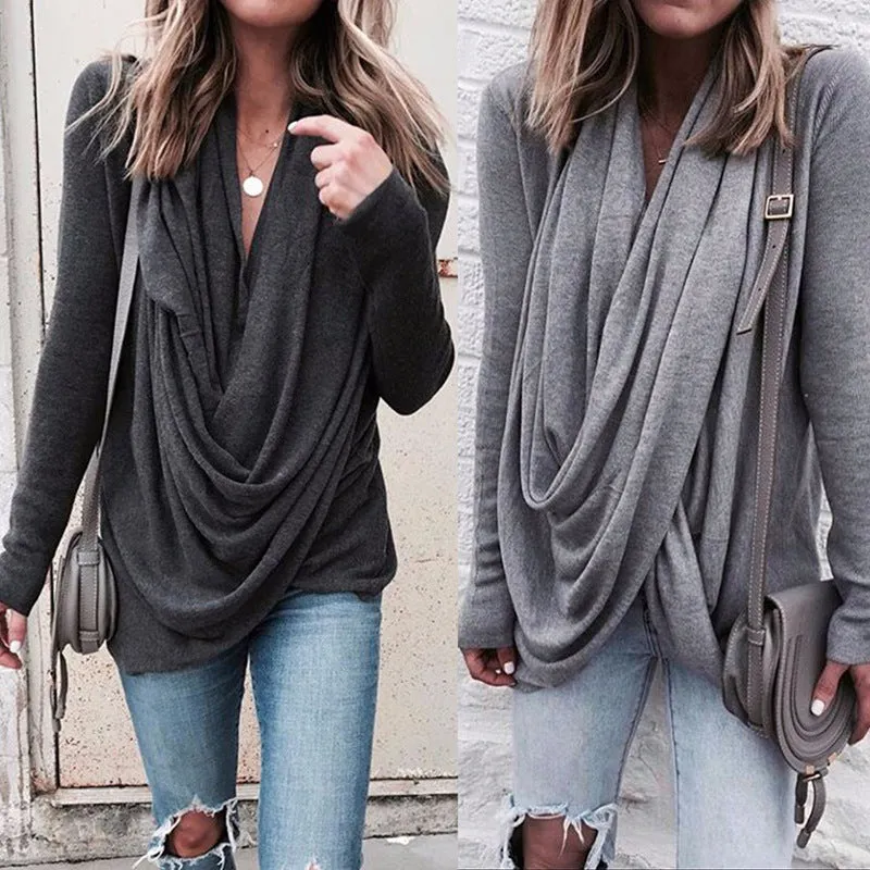 Irregular pile collar long sleeve t-shirt