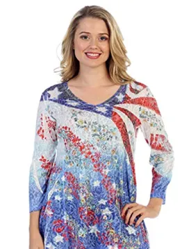 Katina Marie - Patriotic Flowers, Crew Neck, 3/4 Sleeve, Sharkbite Hem Burnout Tunic