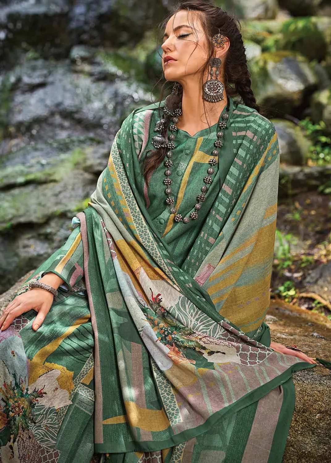 Kilory Pashmina Printed Green Women Winter Suit Dress Material