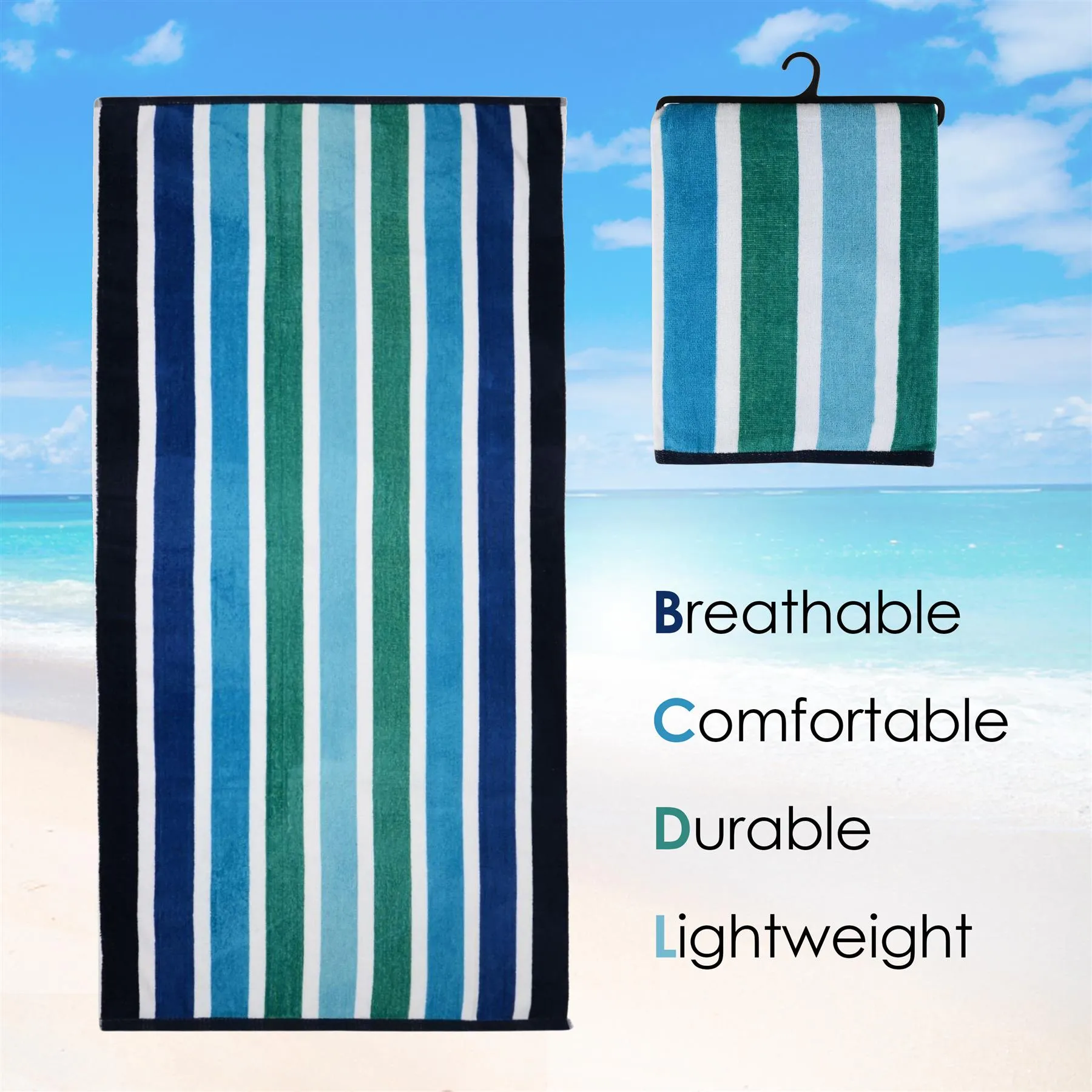 Large Velour Striped Beach Towel (Midnight Oasis)