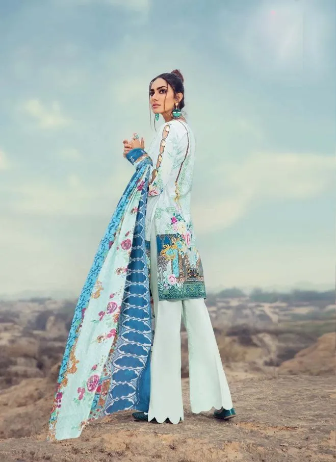 Lawn cotton pakistani style light blue dress material for women