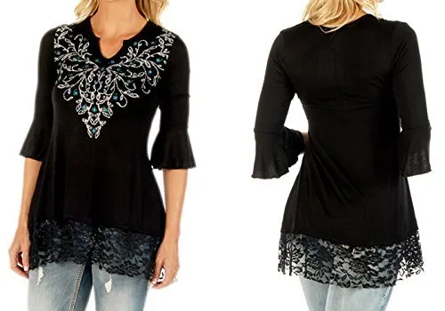 Liberty Wear Sapphire Vines, Split V-Neck Half Flared Sleeve Rhinestone Accent Top