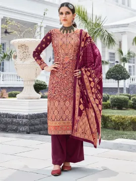 Maroon Woolen Pashmina Printed Unstitched Winter Suit