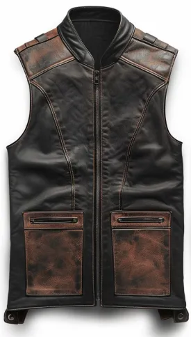 Men Brown Black Leather Vest