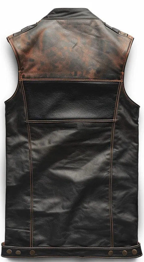 Men Brown Black Leather Vest